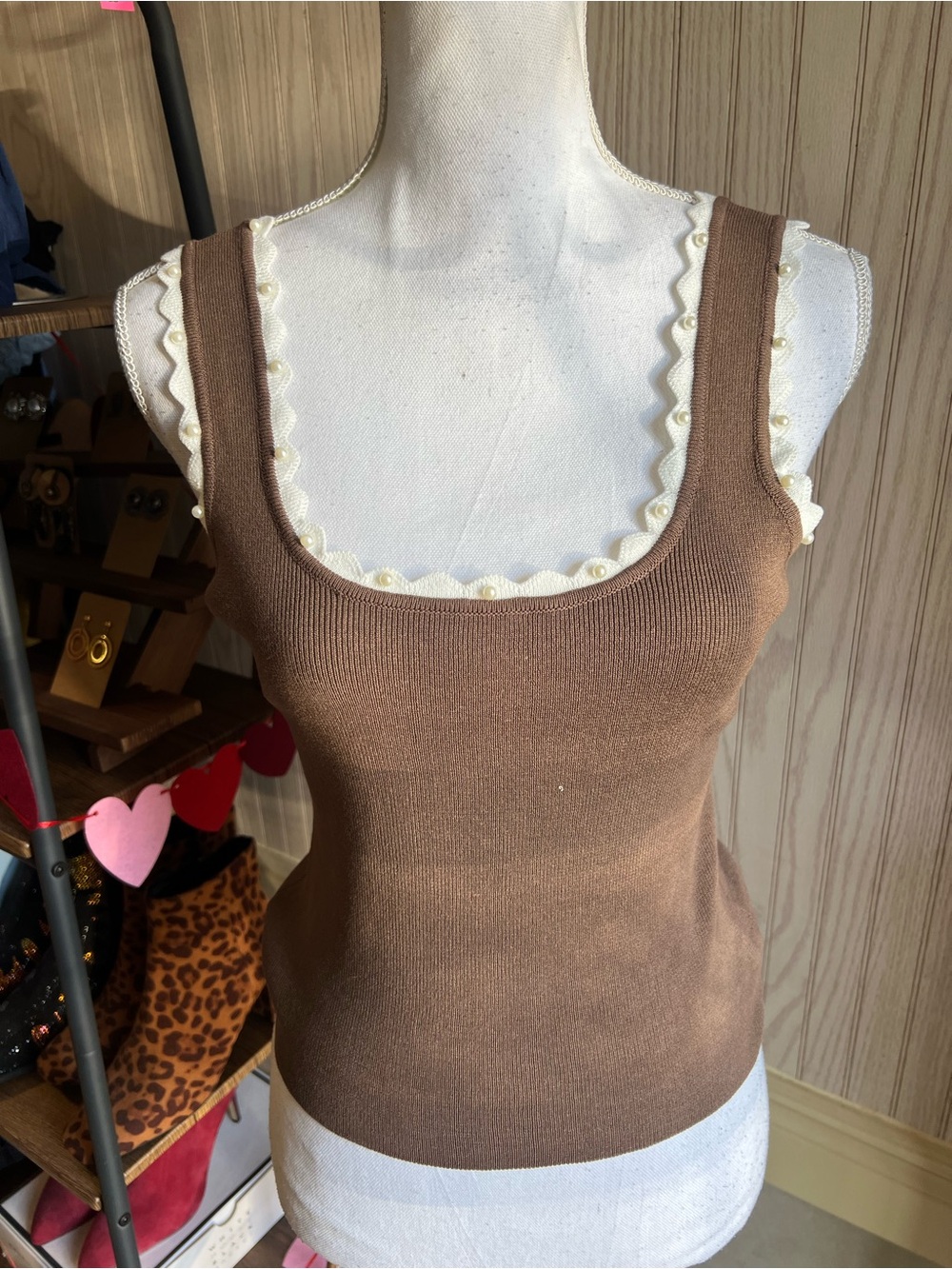 Love Tree Brown Scoop Neck Tank with Cream Trim - Picture 2 of 5